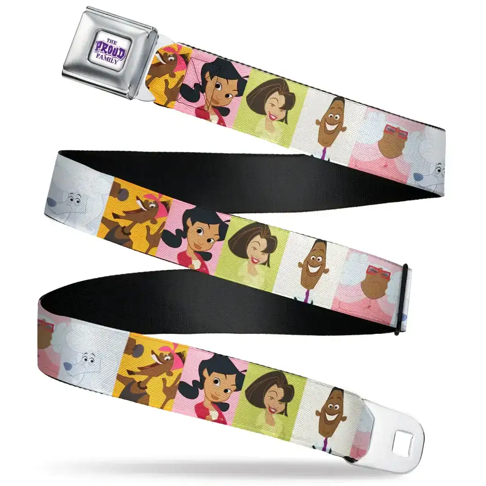 Image of THE PROUD FAMILY Title Logo Full Color White/Purple Seatbelt Belt - The Proud Family 6-Character Block Poses Webbing