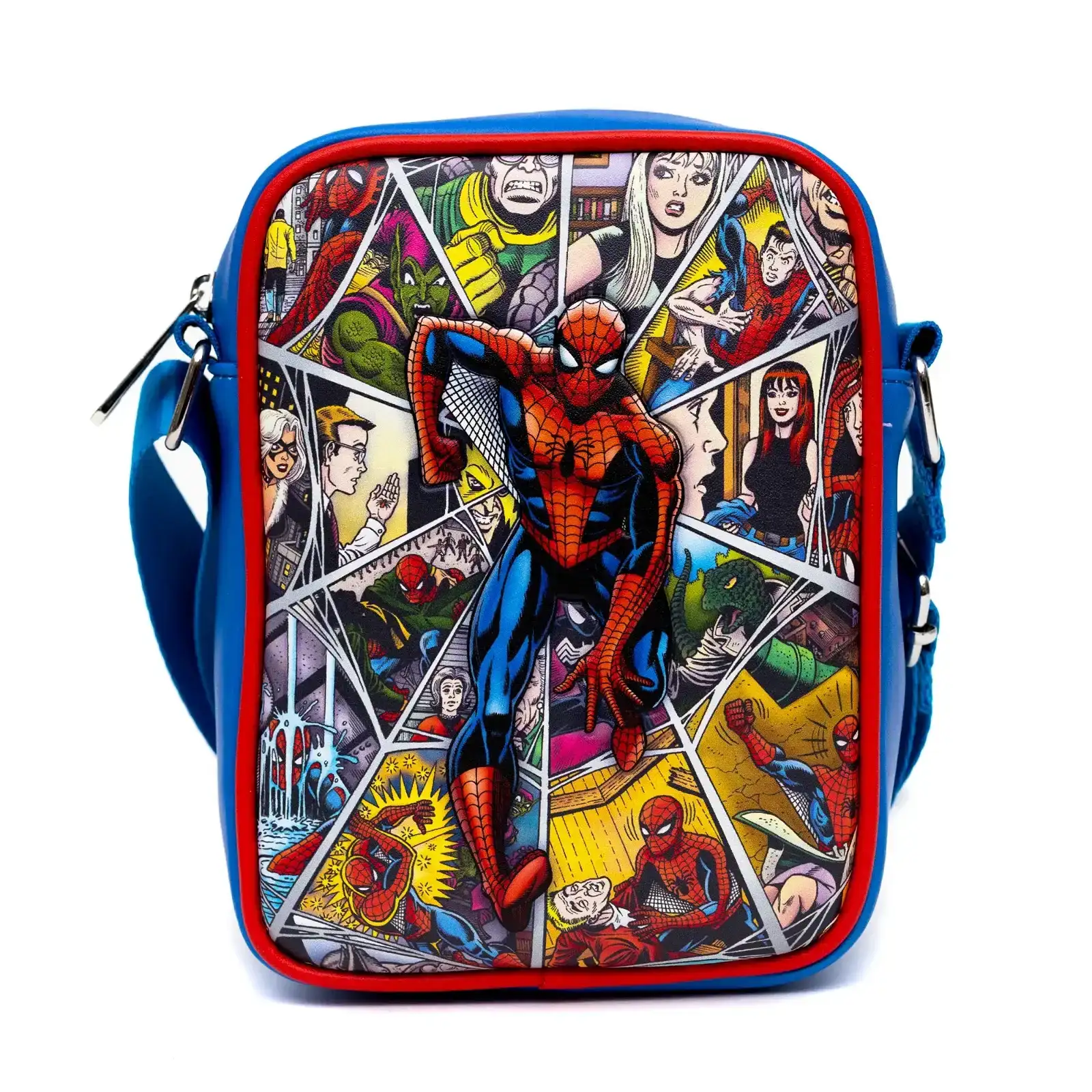 Image of Marvel Comics Bag, Cross Body, Spider Man Beyond Amazing Character Collage, Blue, Vegan Leather