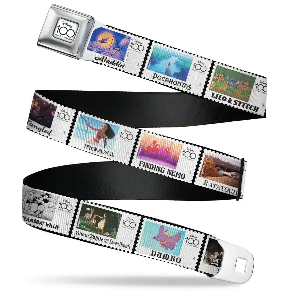 Image of DISNEY 100 YEARS OF WONDER Full Color White/Black Seatbelt Belt - Disney 100 Movie Postage Stamp Blocks Webbing