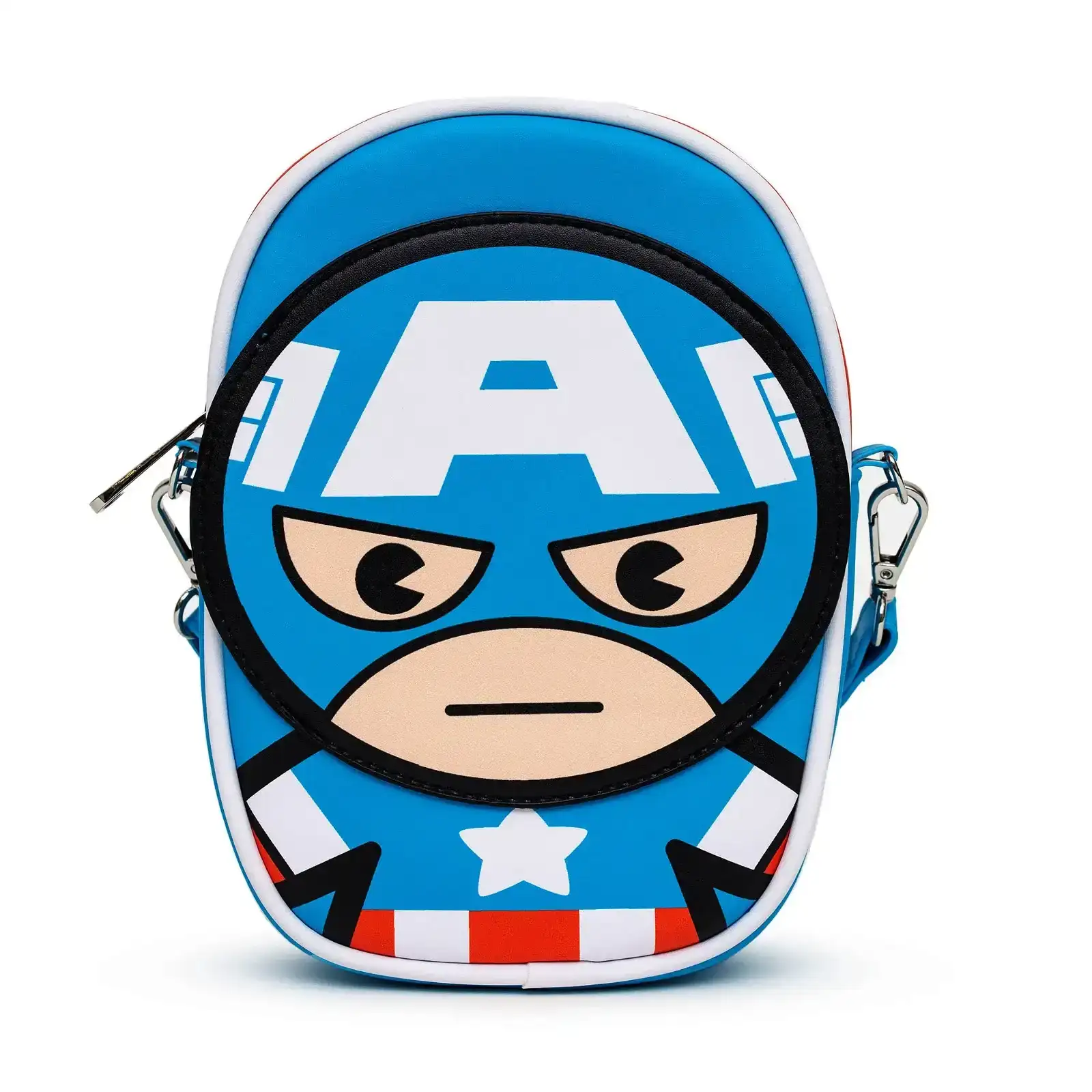 Image of Marvel Comics Bag, Cross Body, Kawaii Captain America Character Close Up with Face Applique, Vegan Leather
