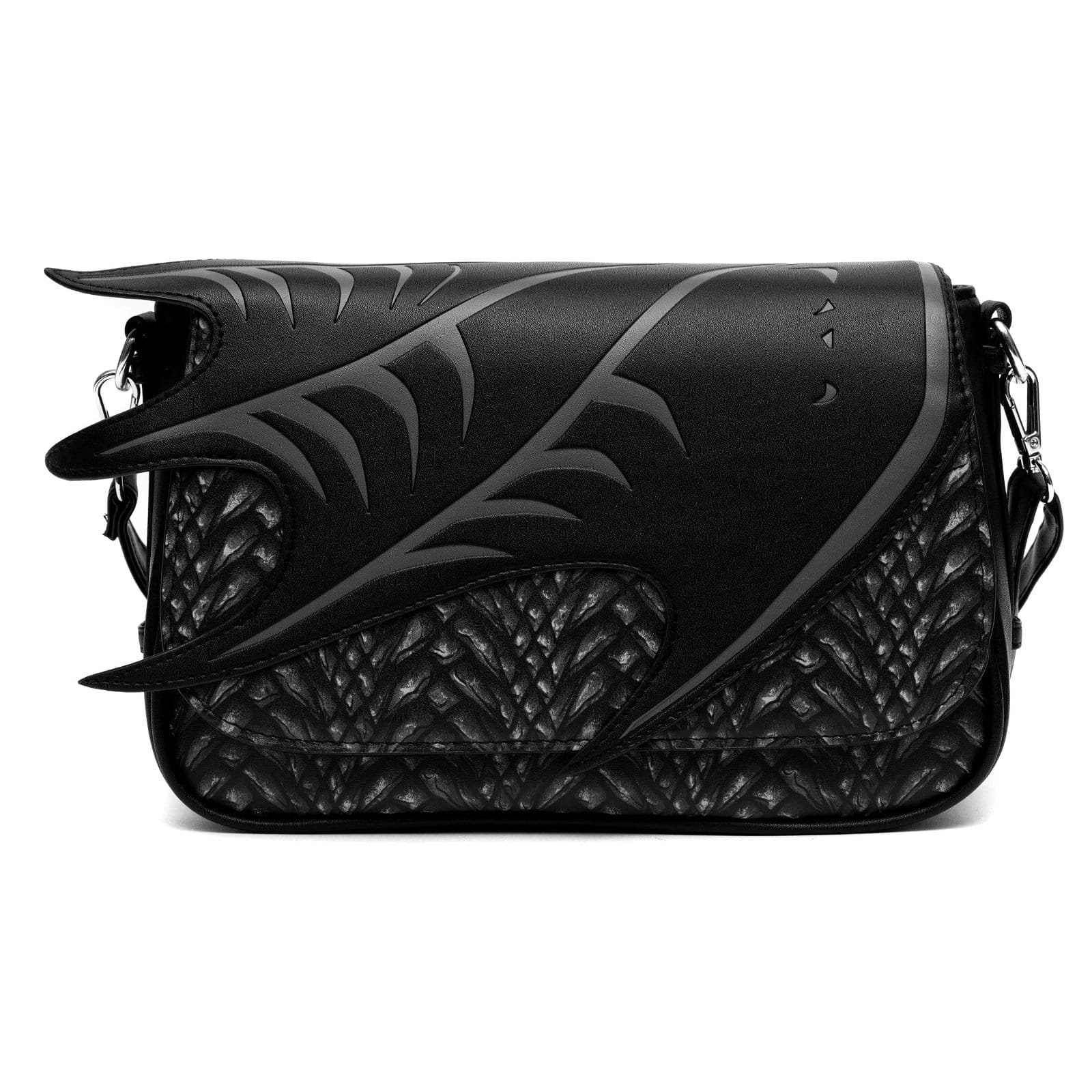 Image of Game of Thrones Bag, Fold Over Cross Body, Game of Thrones The Dragon Awakens Dragon Print Wing Applique, Vegan Leather