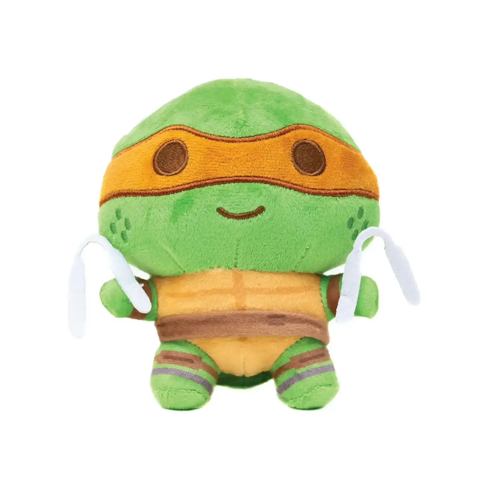 Image of Dog Toy Squeaker Plush - Teenage Mutant Ninja Turtles Michelangelo Full Body Nunchucks Pose Orange