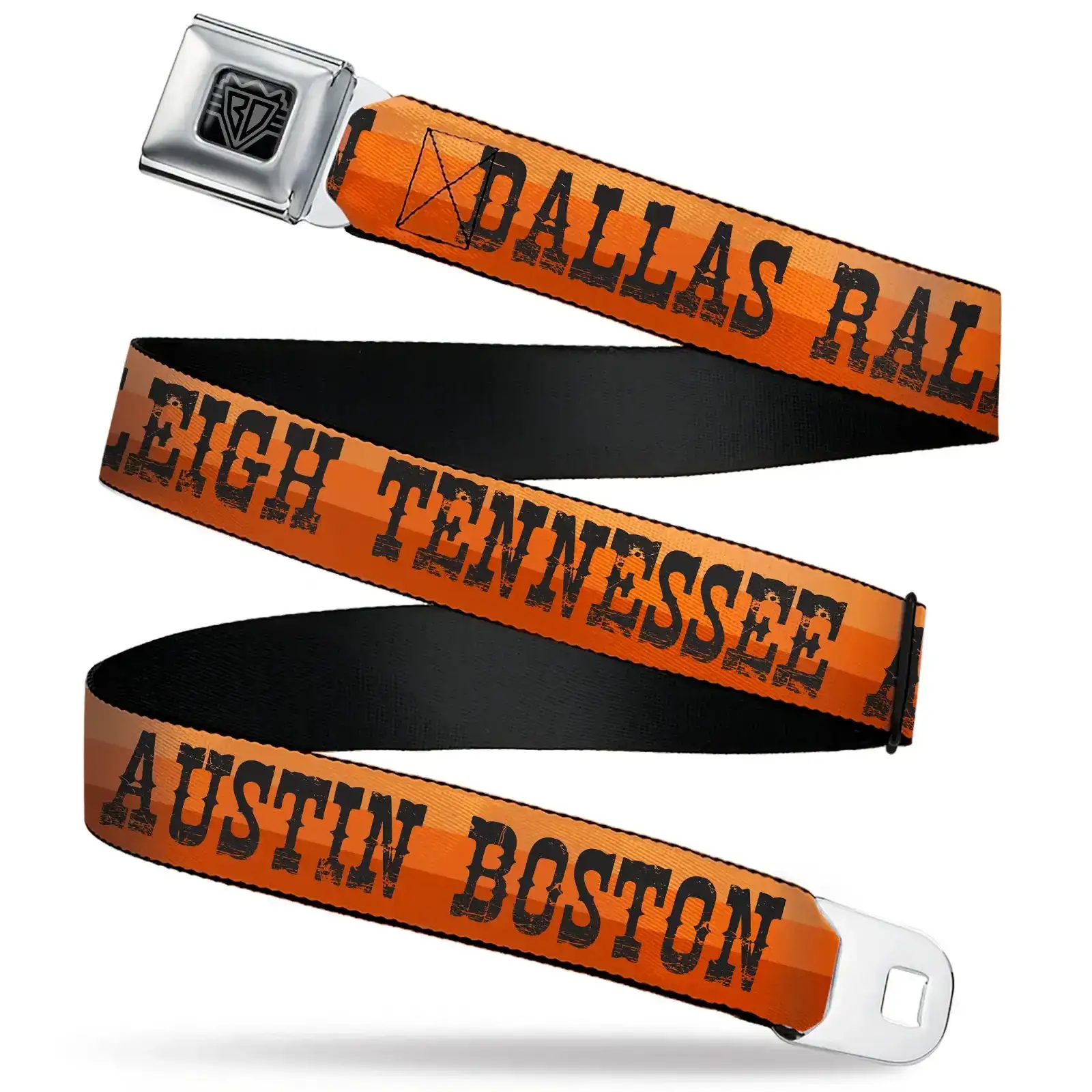 Image of BD Wings Logo CLOSE-UP Black/Silver Seatbelt Belt - Dallas-Raleigh-Tennessee-Austin-Boston Stripes Browns/Black Webbing
