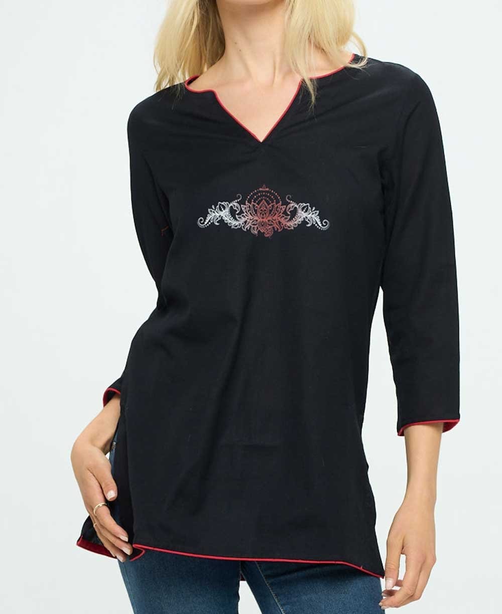 Image of Black Cotton Tunic Top with Meaningful Lotus Design