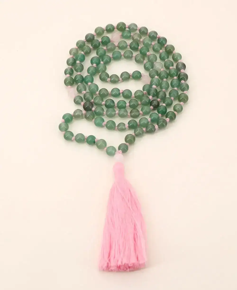 Image of Green Aventurine 108 Beads Meditation Mala with Rose Quartz Counter Beads, Knotted