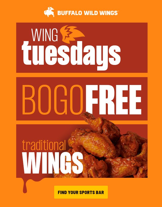 WING tuesdays. BOGO FREE. traditional WINGS | FIND YOUR SPORTS BAR