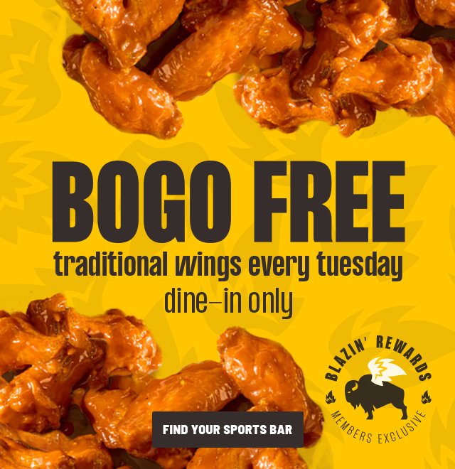 BOGO FREE Traditional Wings Every Tuesday | Dine -In Only | FIND YOUR SPORTS BAR