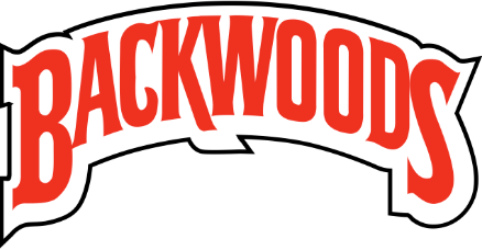 a red and white backwoods logo on a white background