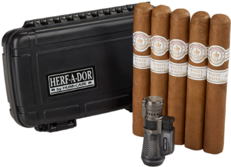 a set of cigars next to a herta-dor case