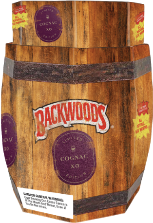 a wooden barrel with the word backwoods on it