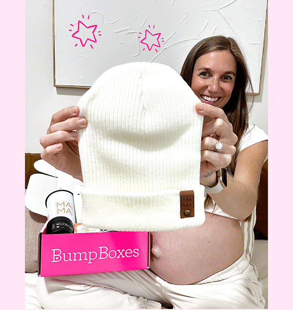 Image of Mom with MAMA Beanie and open Bump Box