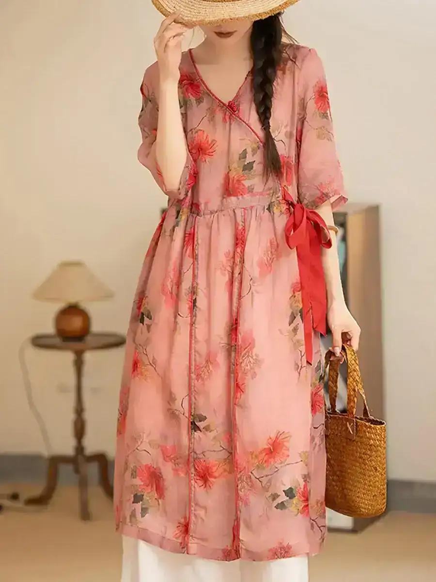 Vintage Flower Strap V-Neck Ramie Dress