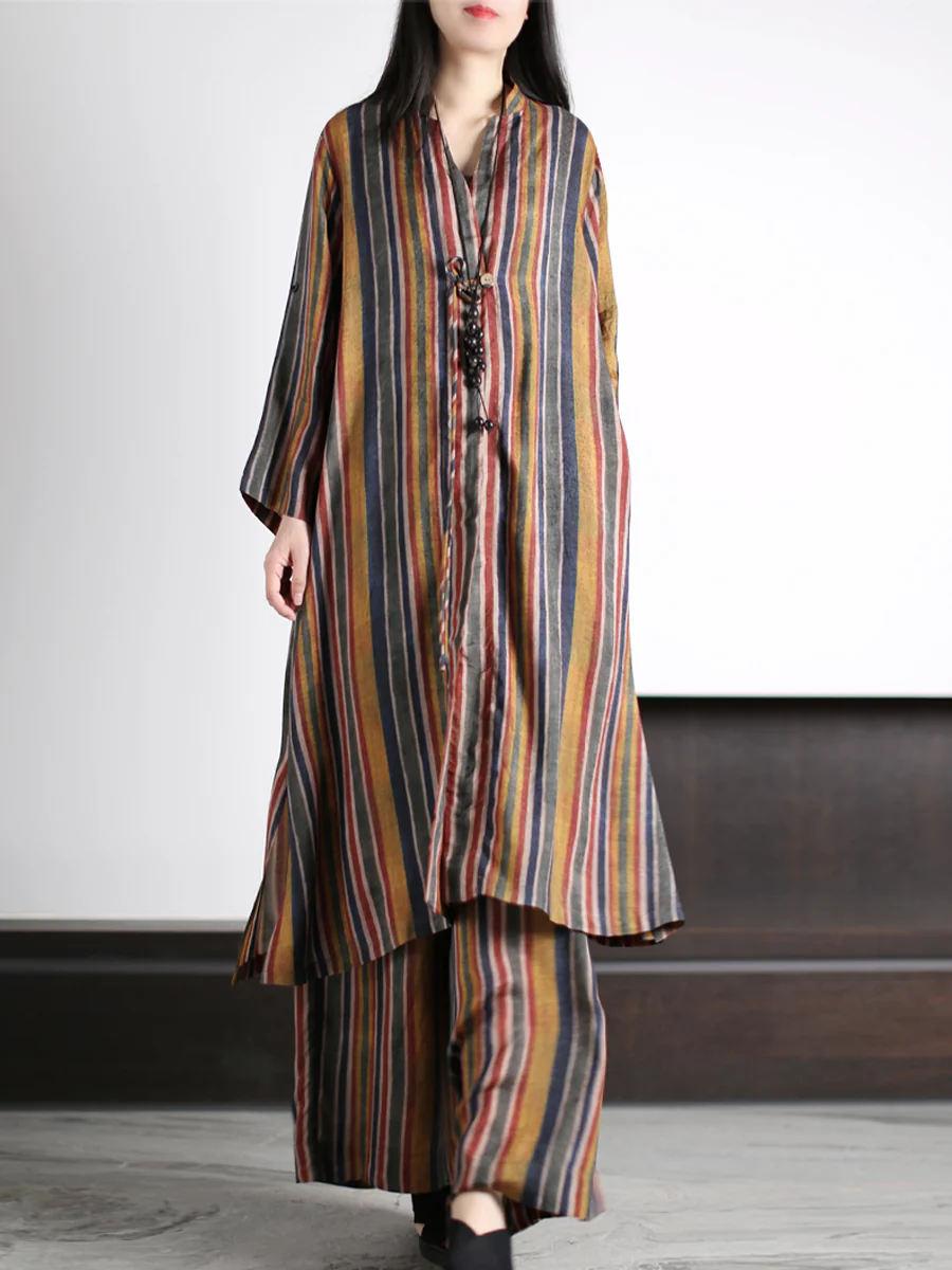 Women Vintage Stripe Loose Long Shirt+Pants