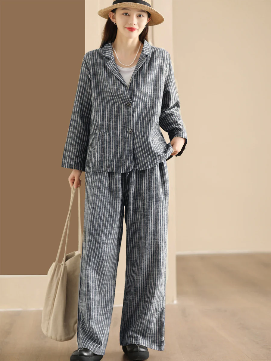 Plus Size Women Vintage Stripe Linen Shirt+Pants