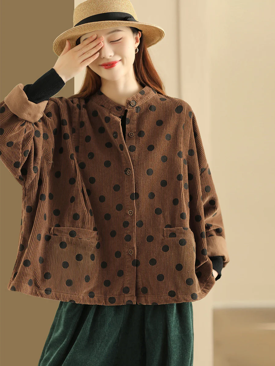 Retro Dot Croduroy Stand Collar Shirt Coat