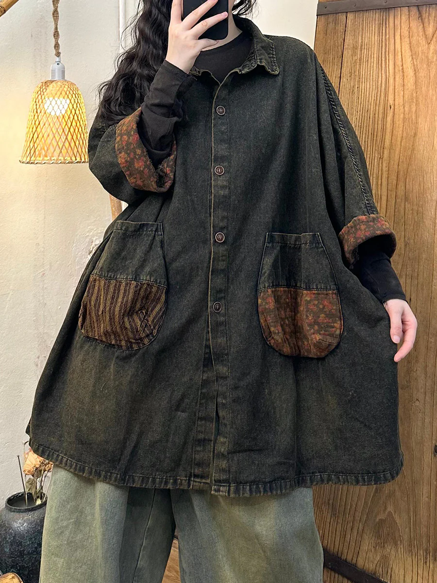 Vintage Patchwork Turn-down Collar Denim Coat