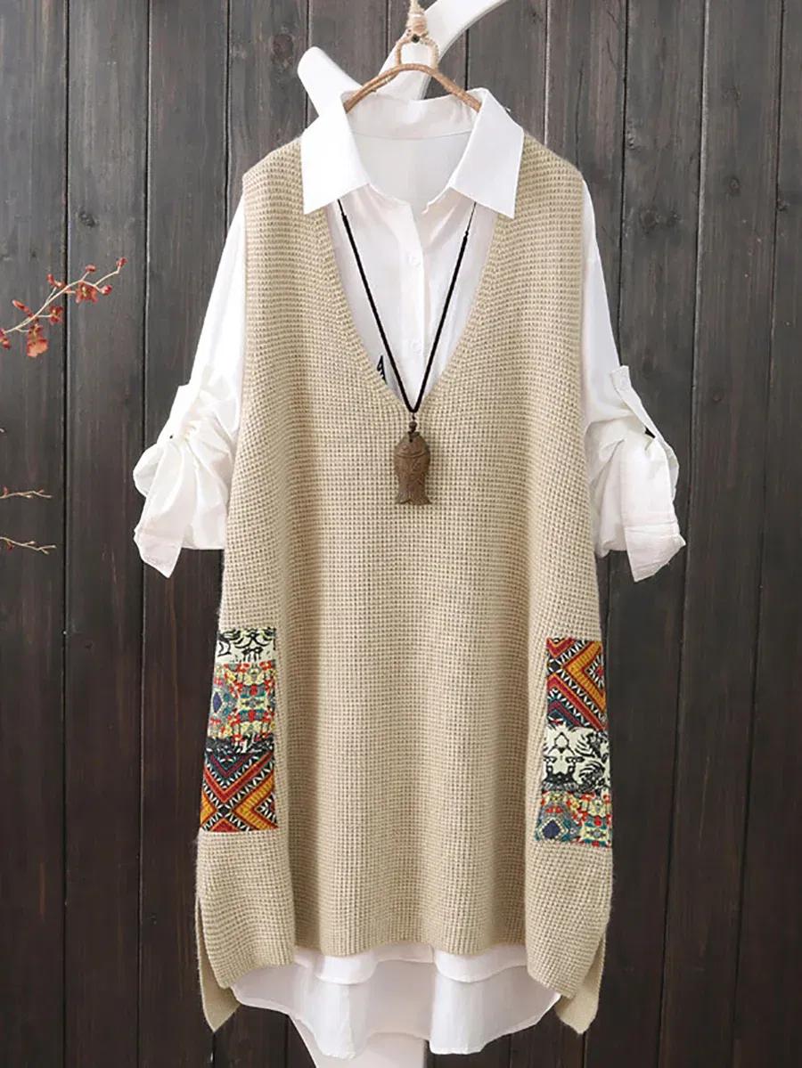 Ethnic V-Neck Loose Knitted Vest