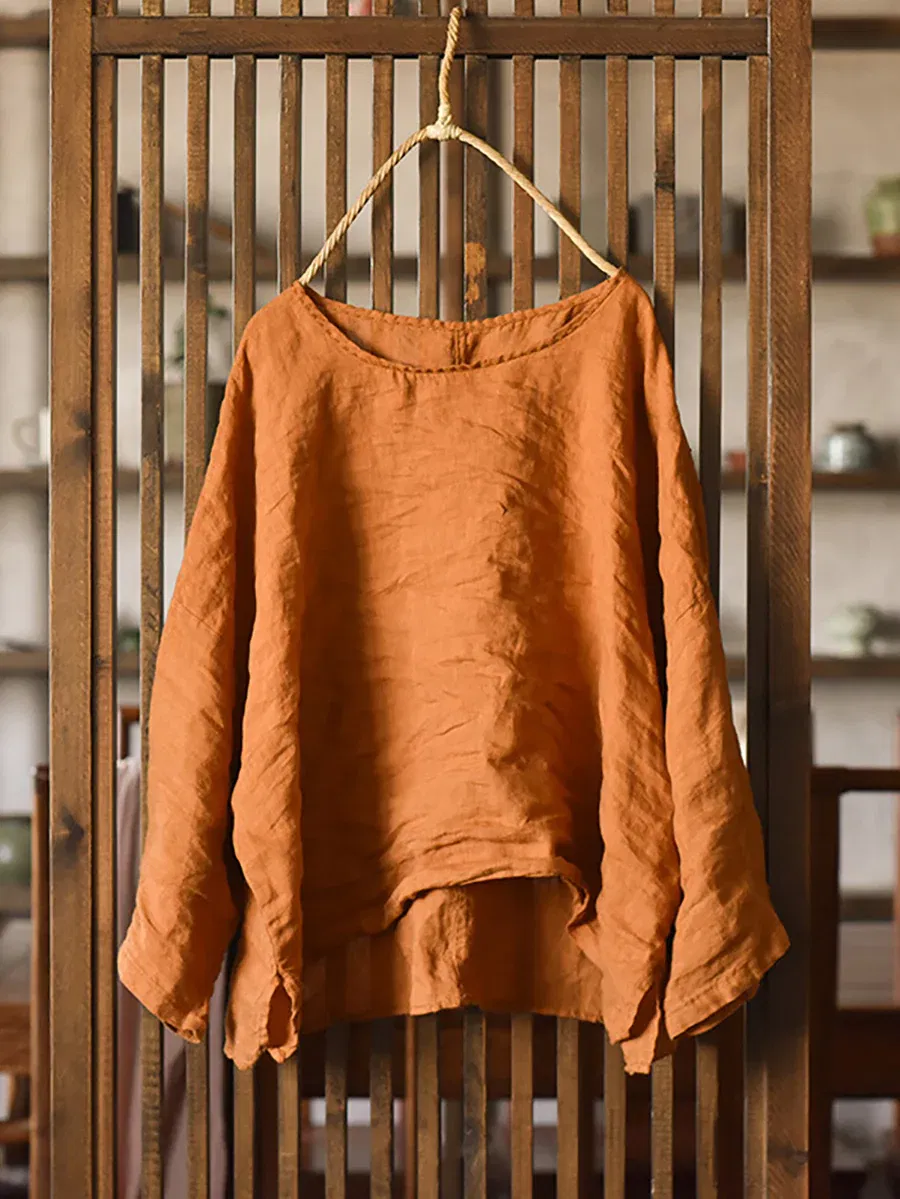 Vintage O-Neck Solid Linen Loose Shirt