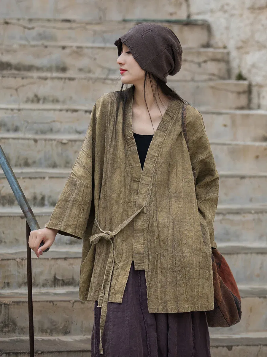 Retro Solid Drawstring Loose Shirt Coat