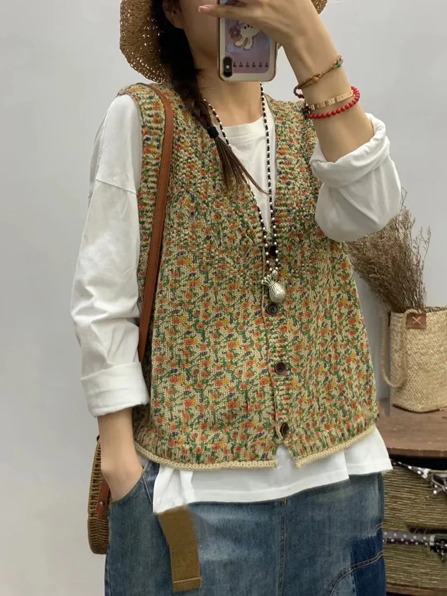 Floral Artsy V-Neck Knitted Vest