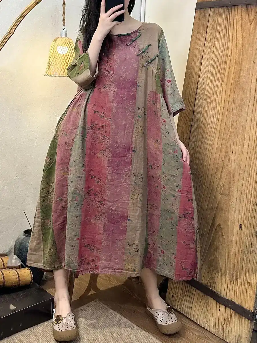 Summer Vintage Spliced Buckle Cotton Dress