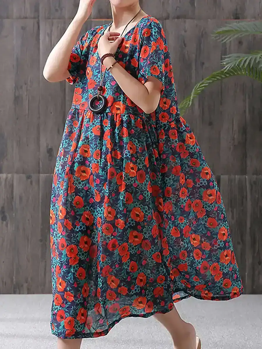 Plus Size - Floral Print Cotton Linen Dress