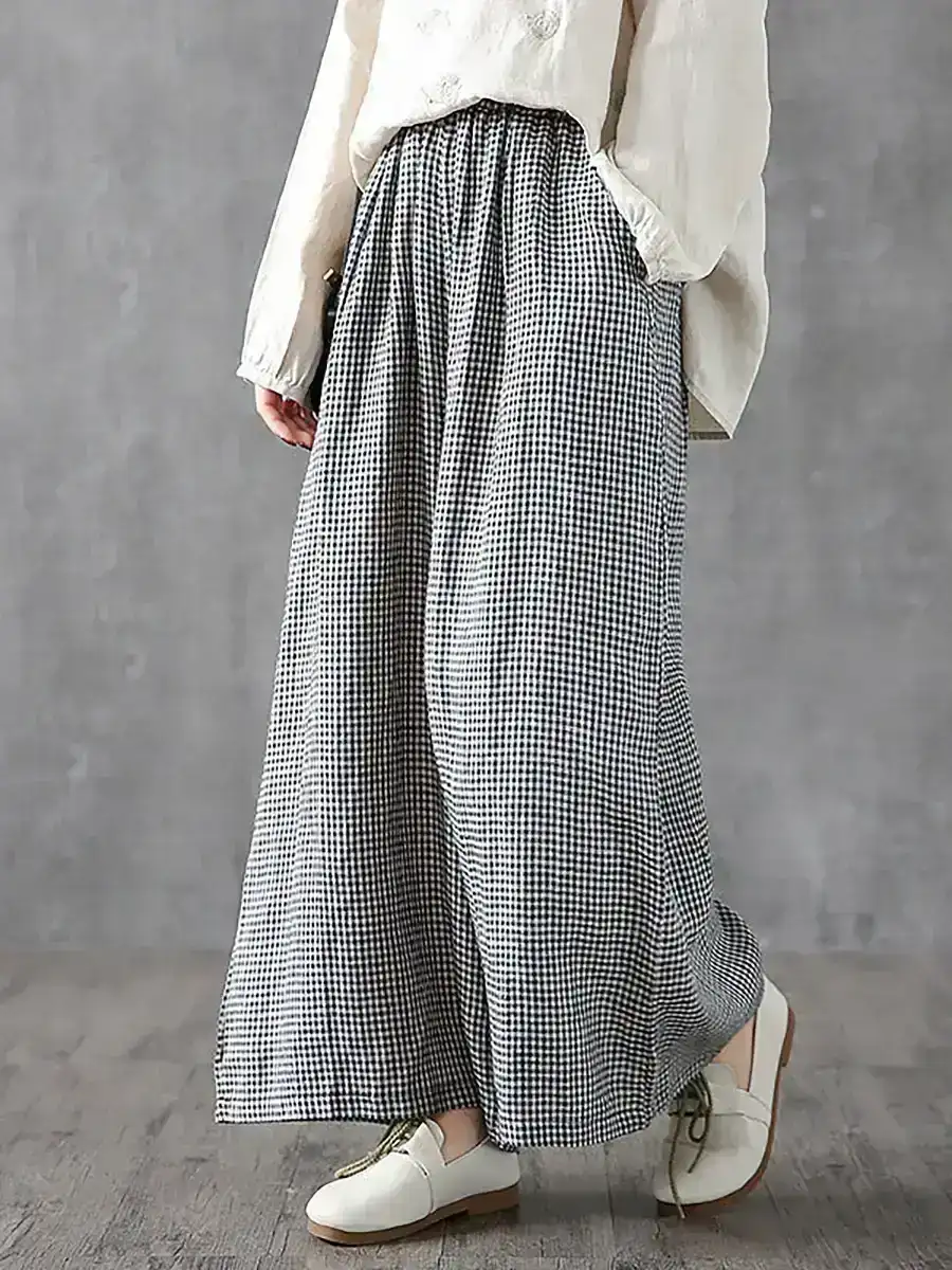 Plus Size- Plaid Linen Wide Leg Pants