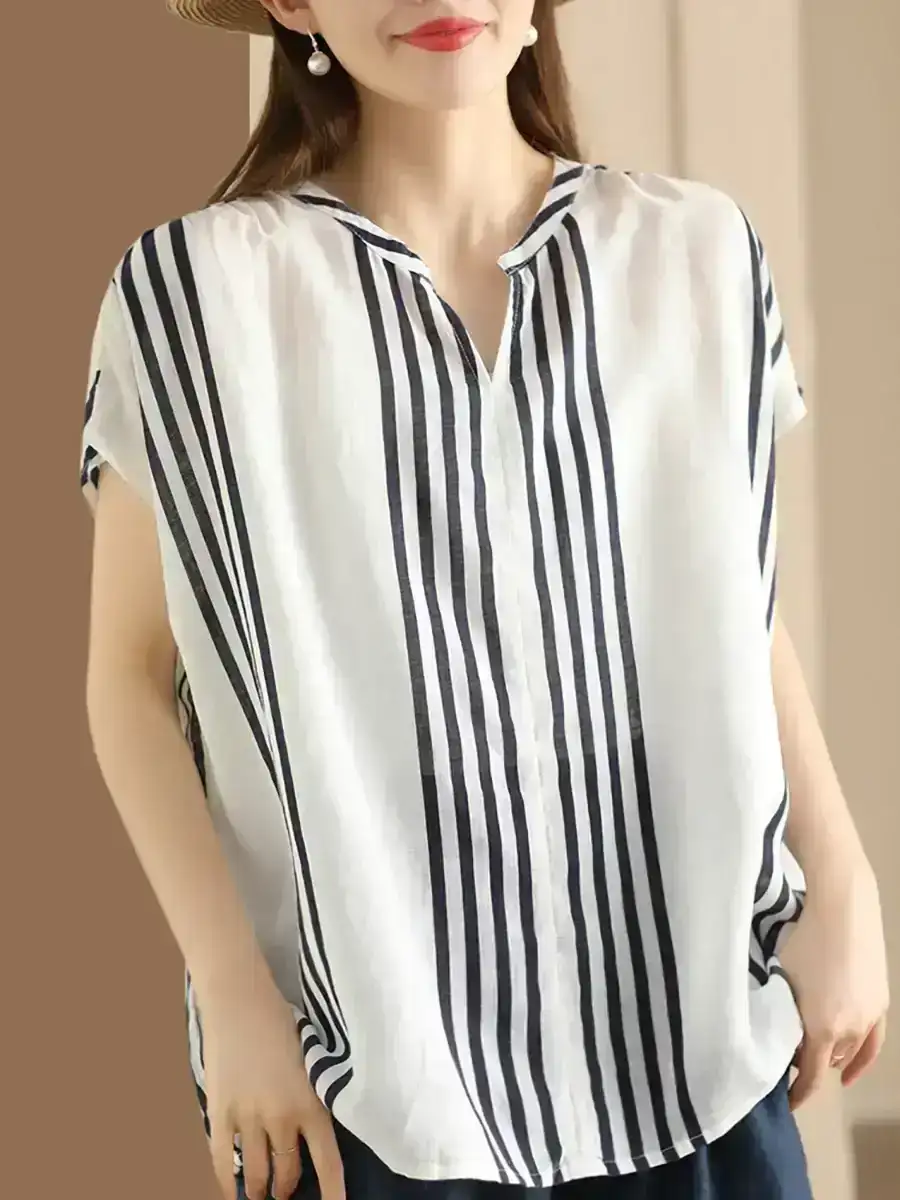 Artsy Stripe V-Neck Thin Linen Shirt