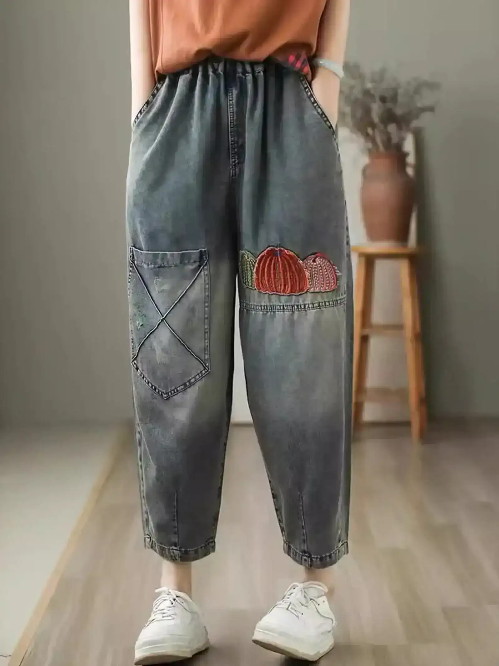 Casual Embroidery Denim Harem Pants
