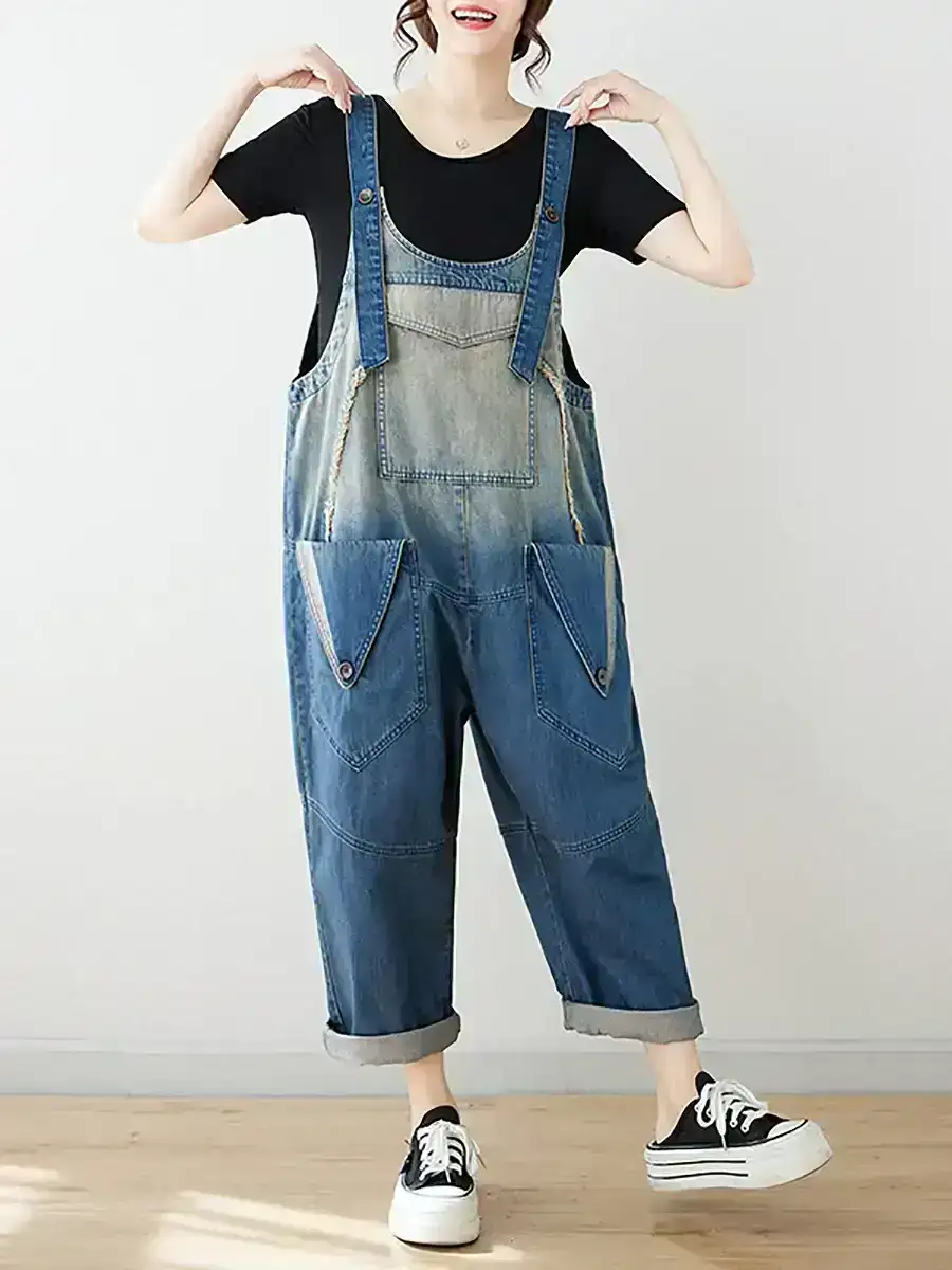 Artsy Spliced Washed Denim Jumpsuits