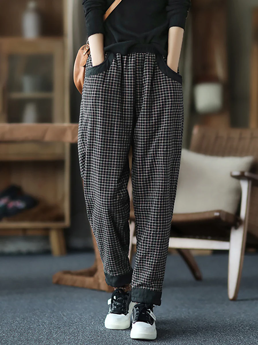 Women Cotton Linen Plaid Elastic Waist Pants