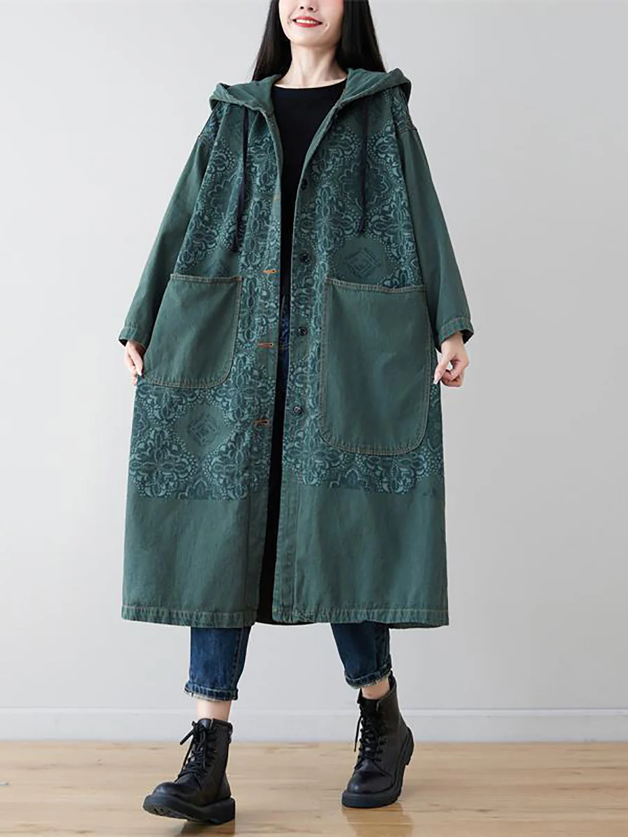 Artsy Flower Spliced Denim Hooded Coat