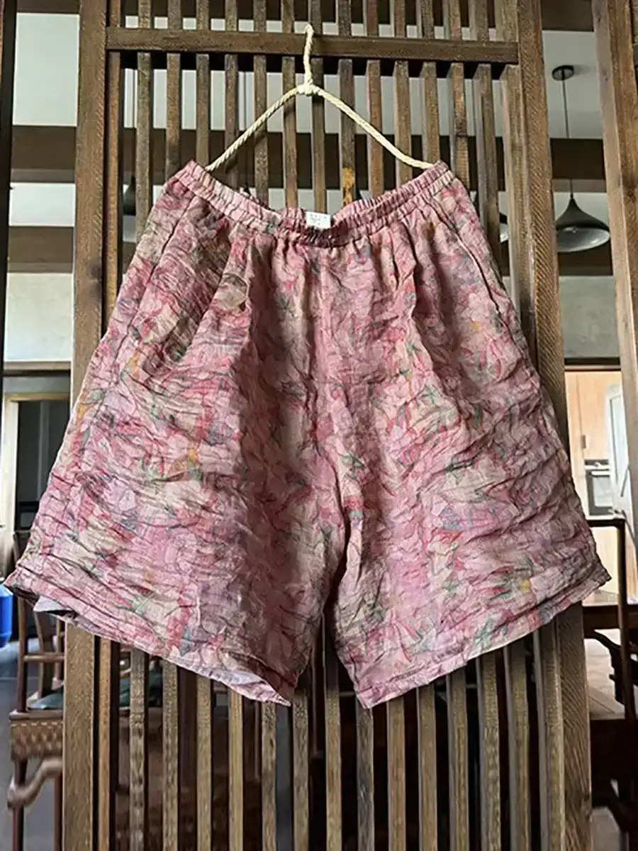 Women Summer Vintage Flower Loose Ramie Shorts