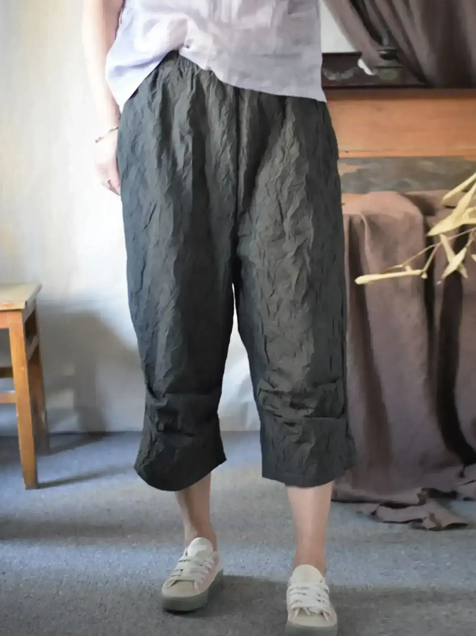 Vintage Solid Loose Cotton Calf-Length Pants