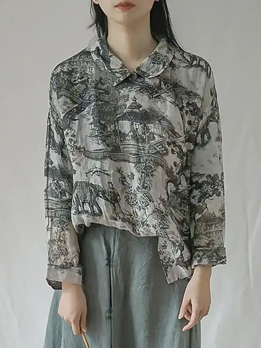 Plus Size Floral Ramie Spring Shirt