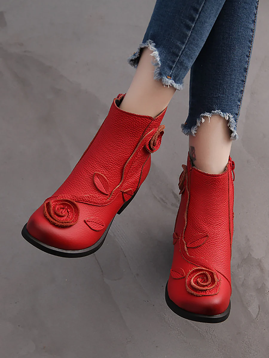 Women Flower Leather Solid Mid-Heel Boots 