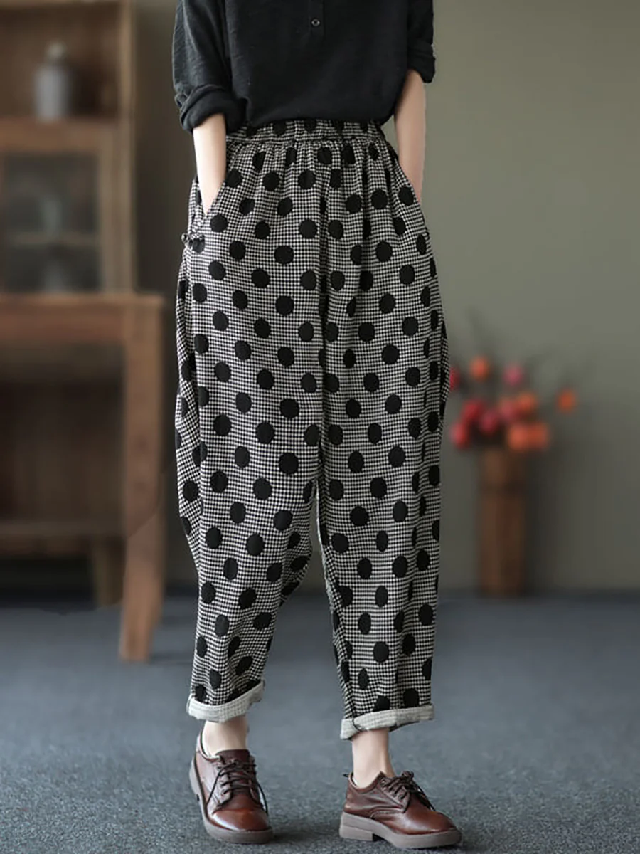 Plus size Retro Pocket Cotton Dots Harem Pants