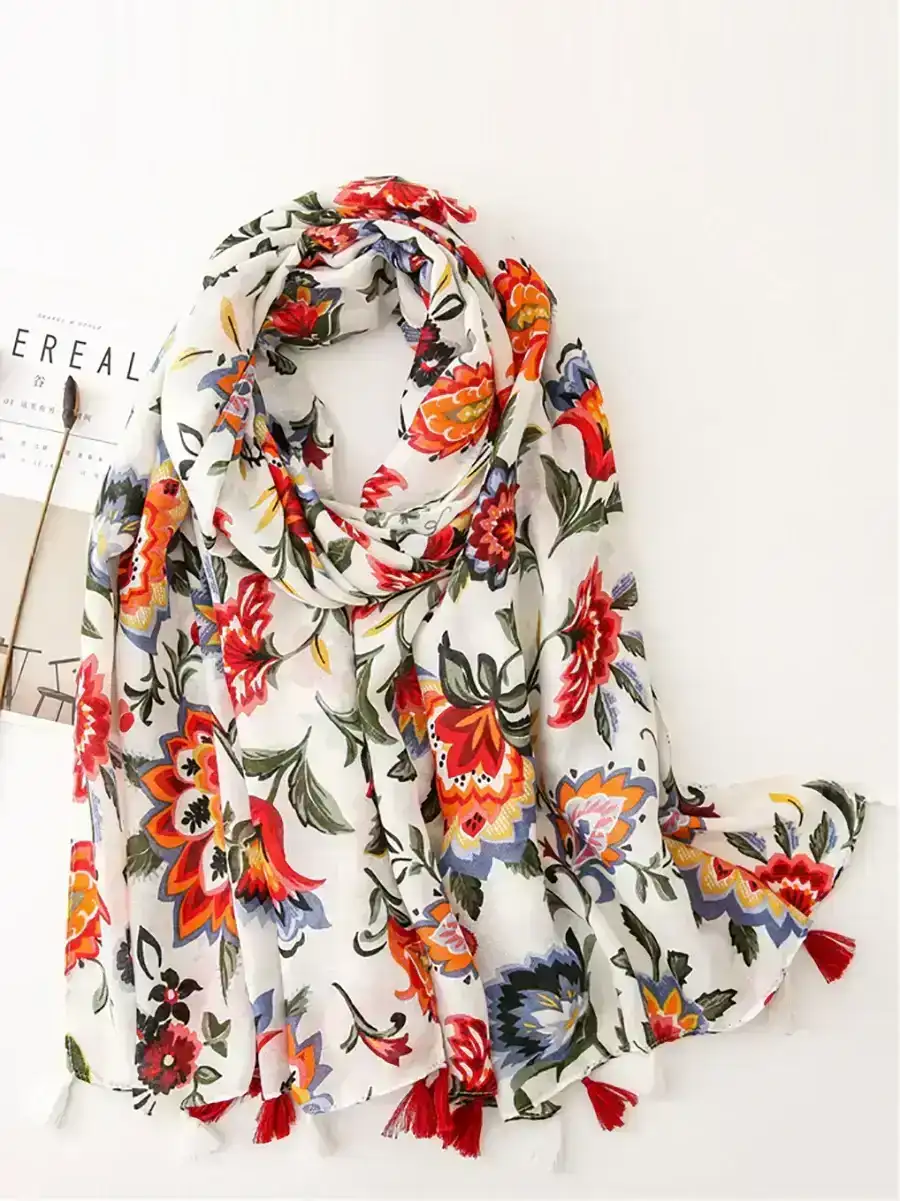 Summer Flower Print Tassel Shawl Scarf