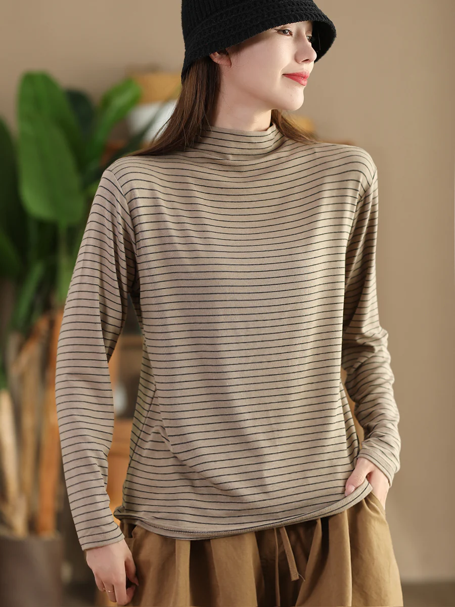 Autumn Casual Stripe Half Turtleneck Blouse