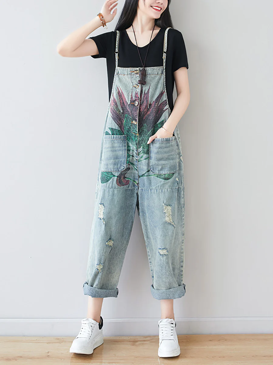 Artsy Flower Frayed Denim Pocket Jumpsuits