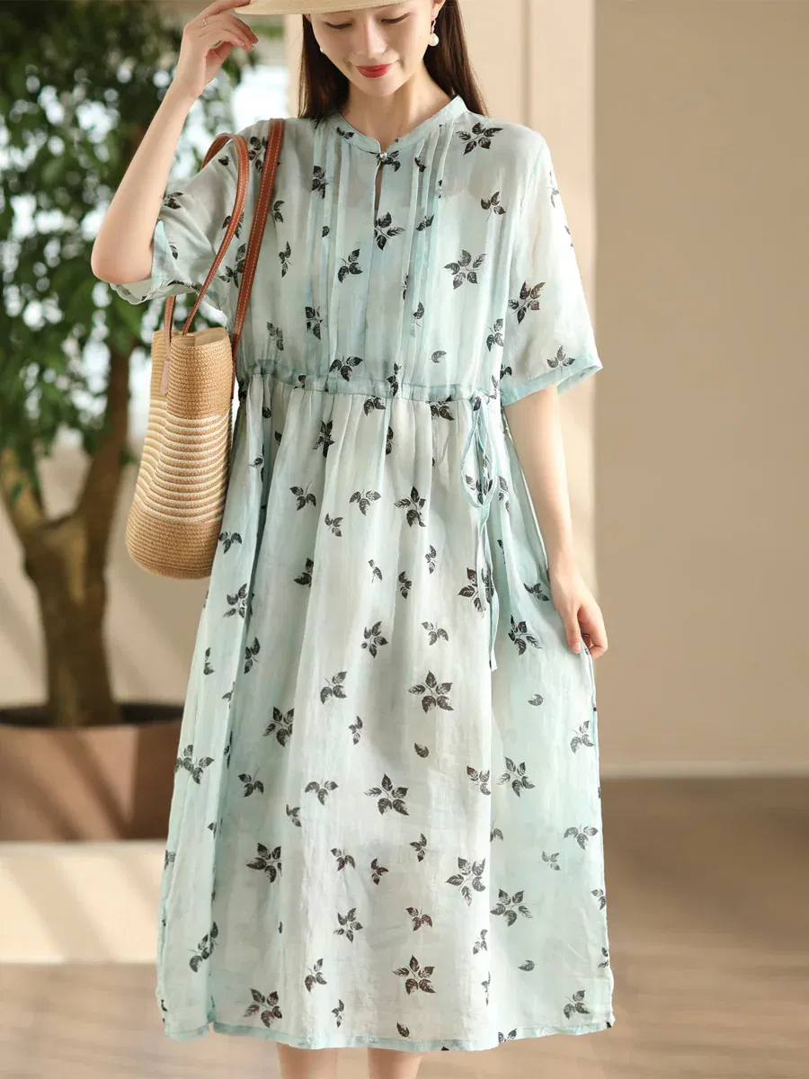  Flower Shirred Artsy Strap Waist Dress