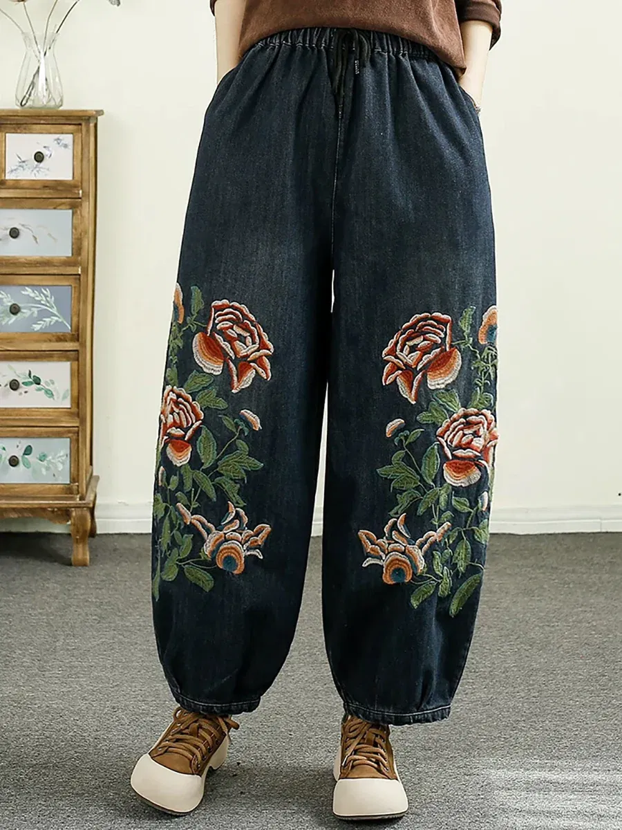  Autumn Flower Embroidery Denim Harem Pants