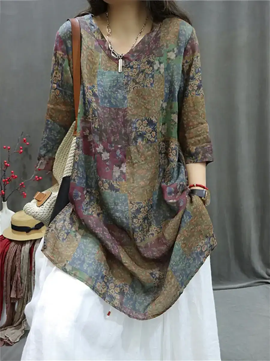  Summer Retro Spliced V-Neck Loose Long Shirt