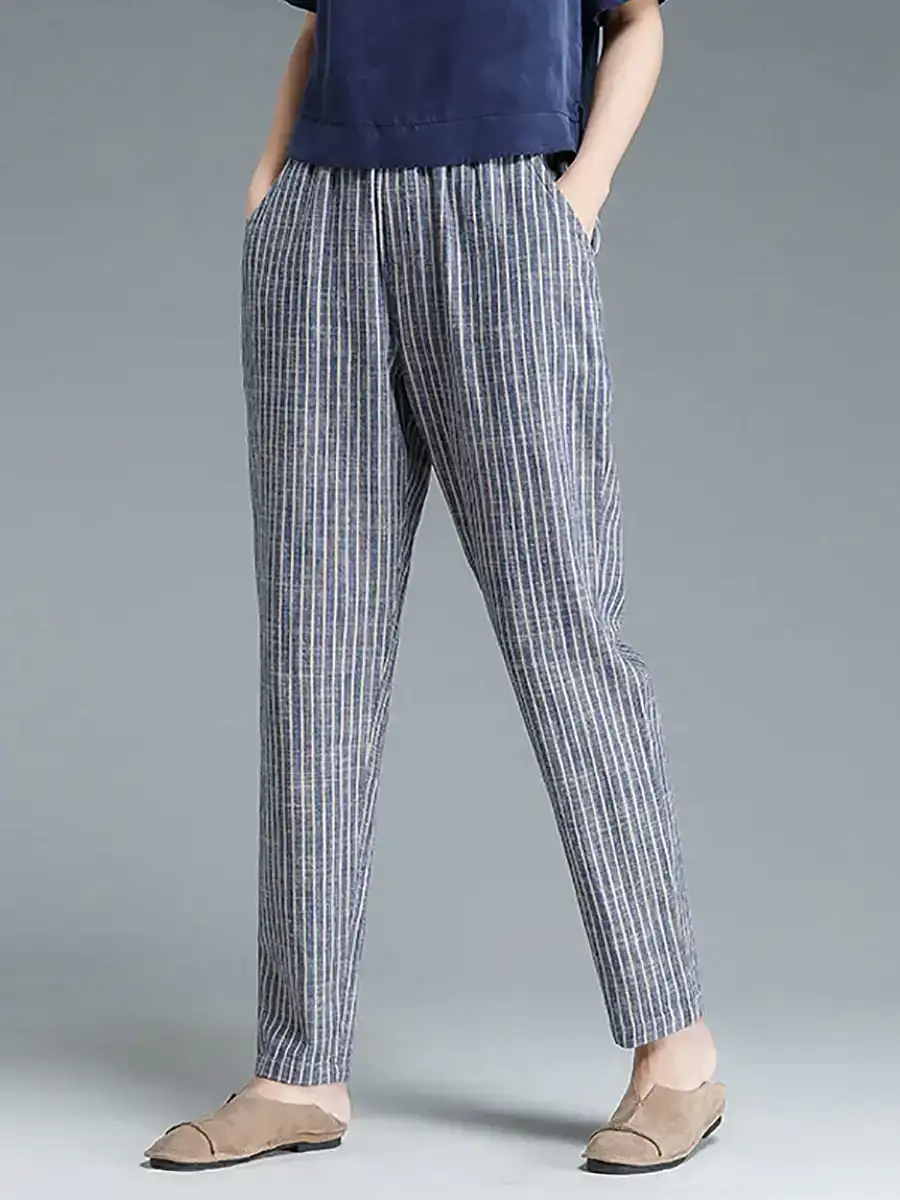  Buykud Stripe Cotton Linen Women Pants