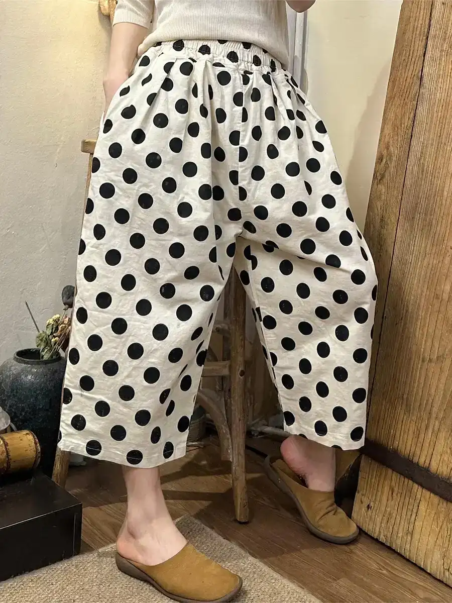  Vintage Dot Print Cotton Harem Pants