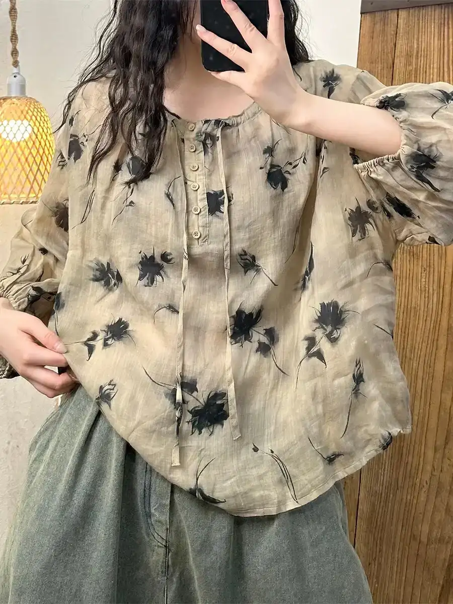 Women Artsy Flower Button Strap Collar Ramie Shirt