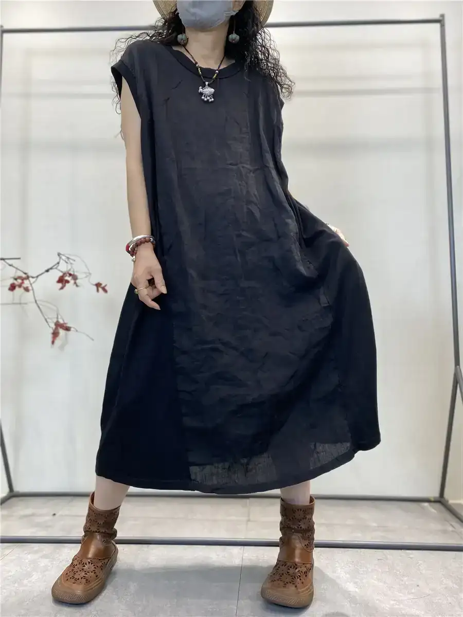  Vintage Spliced Loose Cotton Vest Dress