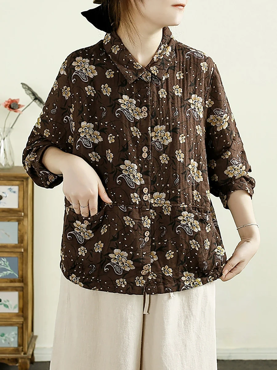 Women Autumn Artsy Flower Cotton Shirt Coat