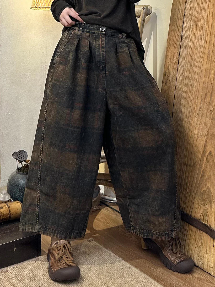 Women Autumn Retro Plaid Denim Wide-elg Pants