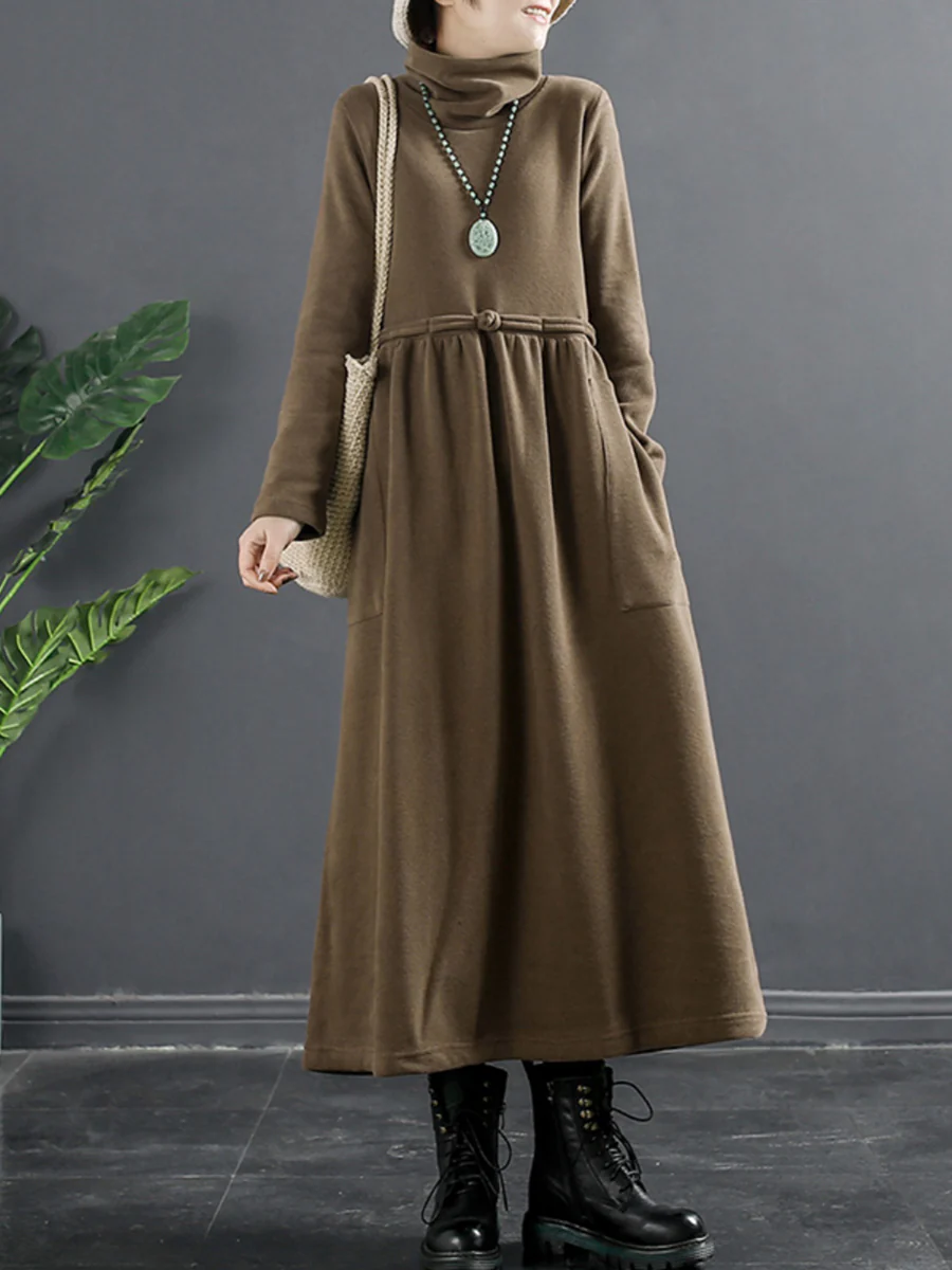 Pure Color Turtleneck Draped Long Dress